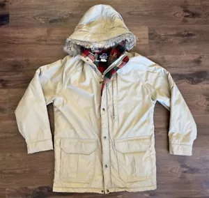 Vtg Woolrich Parka Wool Plaid Flannel Lined Fur Hood Mens Medium USA Made Tan - Picture 1 of 13