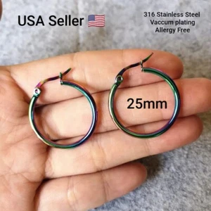 316L Stainless Steel Round Hoop Earrings Vacuum Plating 25mm Hoops Earrings Hoop - Picture 1 of 4