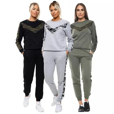 Womens Army Camouflage Side Stripe Jogging Bottom 2Pc Loungewear Tracksuit Set - Image 1 of 2
