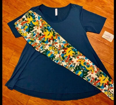 NUEVO CON ETIQUETAS LuLaRoe Conjunto TC PRIMAVERA FLORAL BLANCO Leggings y M AZUL PROFUNDO SÓLIDO T Perfecto Foto 1 de 4