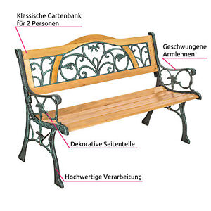 Gartenbank Gartenmöbel Parkbank Sitzbank 2-Sitzer Holz Bank Gusseisen 124 cm