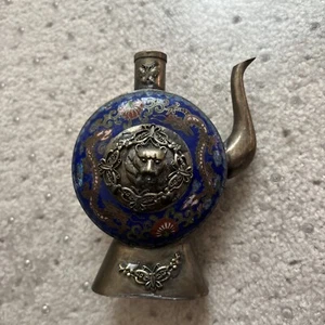Vintage Antique Chinese Cloisonné Enamel Lion Dragon Squirrel Oil Teapot Old - Picture 1 of 2