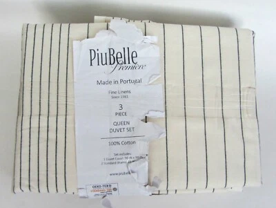 NEW Piu Belle 3pc QUEEN DUVET Cover Set Stripes on Cream 100% Cotton Portugal  - Image 1 of 4