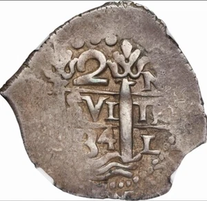 Peru 1734 L N NGC AU50 silver Cob 2 Reales POP 1/0 - Picture 1 of 4