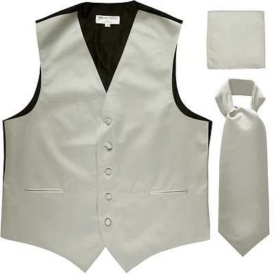 New Men's Solid Tuxedo Vest Waistcoat & Ascot Cravat Set Silver Wedding - Image 1 of 4