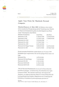 ITHistory (1989) APPLE PRESS Release: NEUE PREISE FUR MACINTOSH PC (GERMAN - Imagen 1 de 1