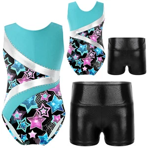 Kids Girls Leotard And Shorts Training Outfit Pattern Bodysuit Skating Rompers - Picture 1 of 23