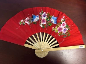 10" Nylon Classic Red Foldable Hand Fan Paint w/ Nice Butterflies, Spring Flower - Picture 1 of 2