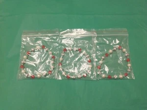 Set of 3 Natural White Freshwater Pearls & Red Plastics 6 inch Stretch Bracelets - Picture 1 of 2