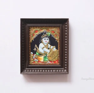 Baby Krishna Makhan Chor Thanjavur / Tanjore Painting Hindu God Wall Decor Gift - Picture 1 of 5