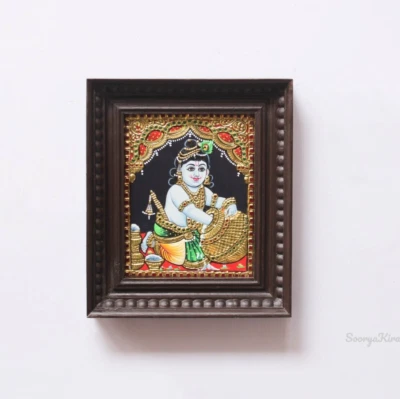 Bebé Krishna Makhan Chor Thanjavur / Tanjore Pintura Dios hindú Decoración de pared Regalo Foto 1 de 4