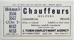 Blotter de Tinta De Colección J Tobin Agencia de Empleo Conductores Ayudantes Nueva York - Imagen 1 de 3