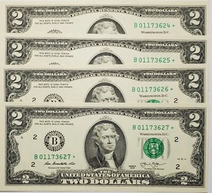 2013 4 Federal Reserve Star Notes Two Dollars B01173624* - B01173627* - Picture 1 of 4
