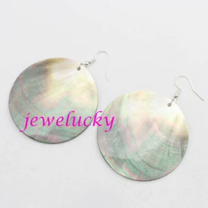 50mm Round Coin Shape shell Black Mother of Pearl Drop Dangle Hook Earring 2.8" - Picture 1 of 5