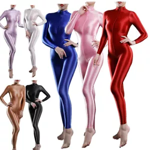 Sexy Damen Ganzkörperanzug Jumpsuit Öl glänzende Reißverschluss Catsuit Clubwear - Bild 1 von 81