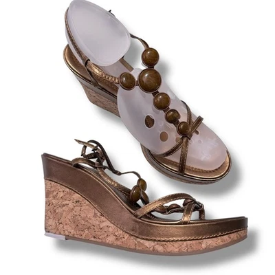 Antonio Melani Jaden Bronze Metallic Wedge Sandals Beaded Straps Women's Sz 9.5 - Image 1 of 4