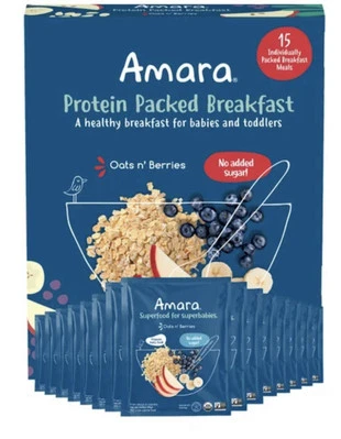 Amara Bebé y Niño Pequeño Paquete de Proteínas Desayuno Cereal Avena y Bayas, 15 Comidas Foto 1 de 2
