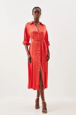 Karen Millen Premium Viscose Satin Long Sleeve Belted Shirt Maxi Dress – Size 14 - image 1 of 4