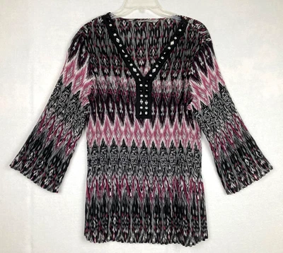 Blusa boho Signature by Larry Levine para mujer 2X arrugada manga 3/4 con joyas Foto 1 de 4