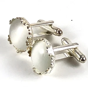 Vintage Manschettenknöpfe Art Deco klassisch Silber rund konvex weiß irisierender Stein  - Bild 1 von 5