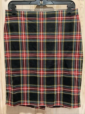 Falda lápiz J Crew roja negra a cuadros tiro alto abertura trasera recta 4 usada Foto 1 de 4