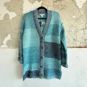 Coldwater Creek Strickjacke lang kuscheliger Pullover Boucle Strick türkis blau Colorblock M - Bild 1 von 4