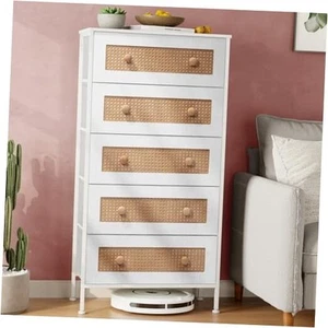 Rattan Dresser Storage Tower, Tall Fabric Dresser, White 5 Drawers-Rattan - Picture 1 of 7
