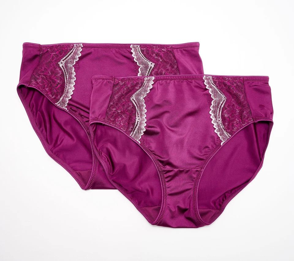 Breezies Two-Tone Lace Shimmer Hi-Cut Brief Panty Set of 2 Wine L New - Image 1 of 1