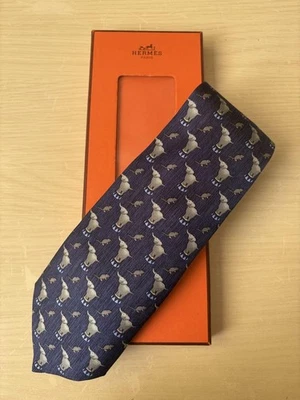 HERMÈS Azul Marino Corbata Seda Hombres Elefante Logo Francia - 123587 - Imagen 1 de 2