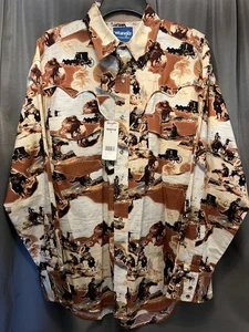 NWT Vintage Wrangler Western Shirt Pearl Snap Cowboy Brown White Shirt Size L - Picture 1 of 5