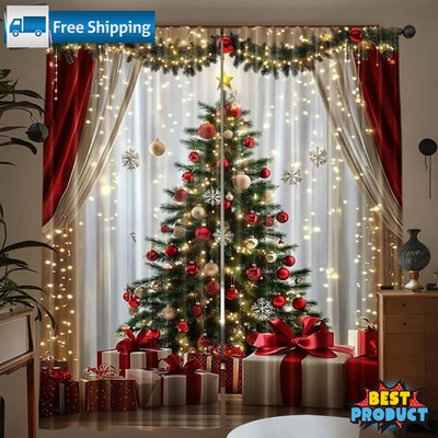 2pcs Christmas Curtains Minimalist Luxury Holiday Red & Golden Curtains for Home - Image 1 of 4