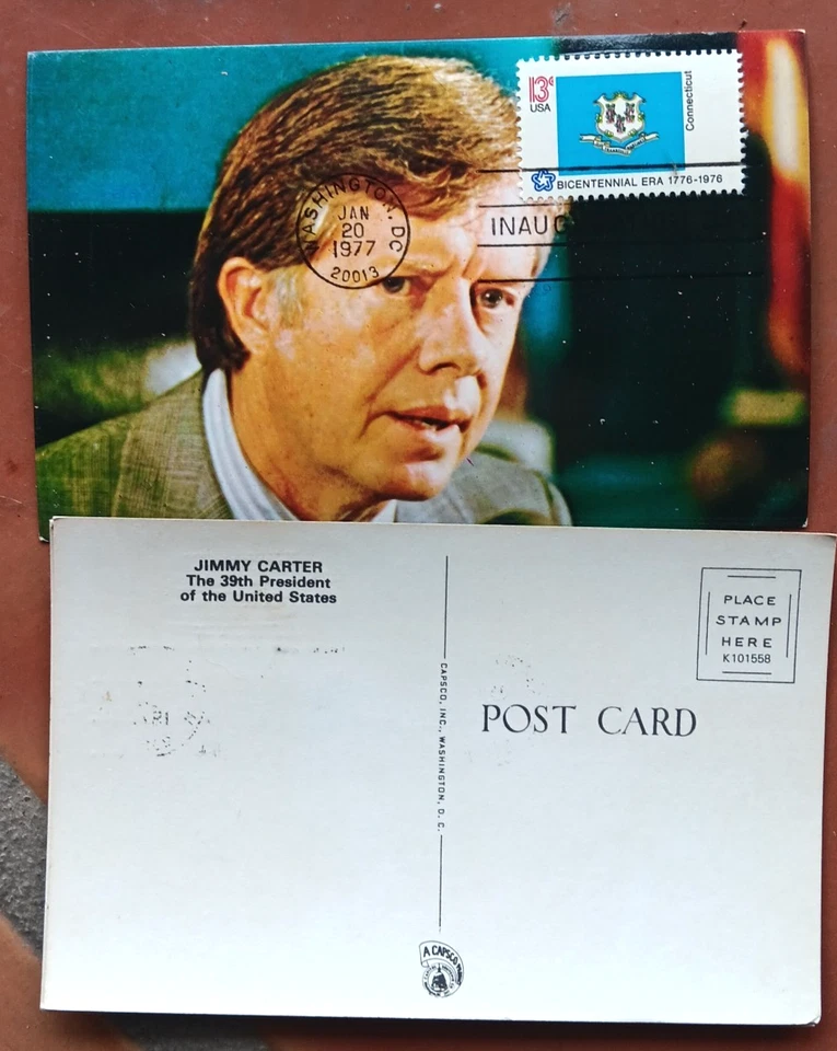 JIMMY CARTER 1977 DÍA DE INAUGURACIÓN RETRATO TARJETA POSTAL CONNECTICUT SELLO BANDERA Foto 1 de 1