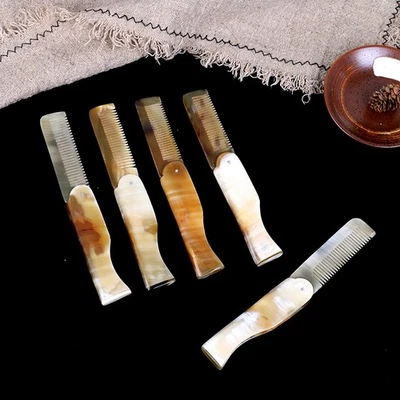 Peigne pliable en corne de yak avec clip de poche pour moustache et barbe - Photo 1/4