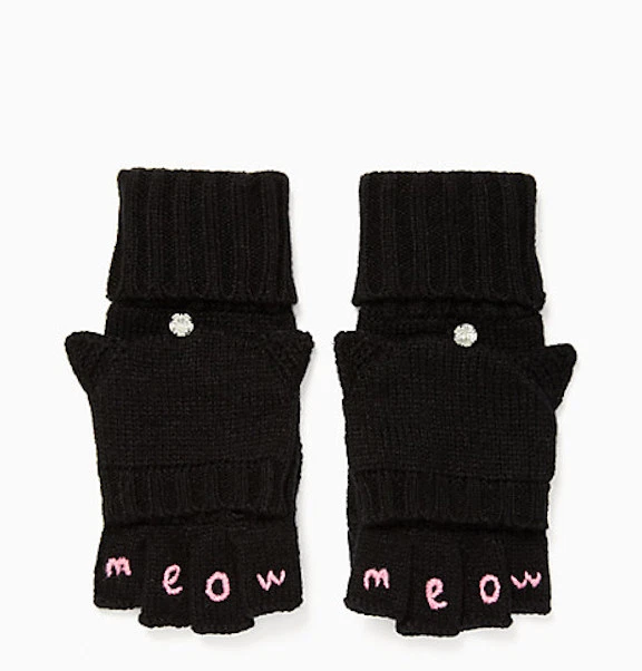 Authentic Kate Spade Meow Kitty Cat Pop Top Glove Mittens Black