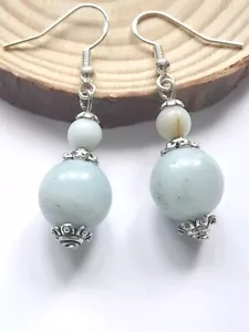 Amazonite pale green semi precious stones Earrings in 925 Sterling silver hooks - Picture 1 of 3
