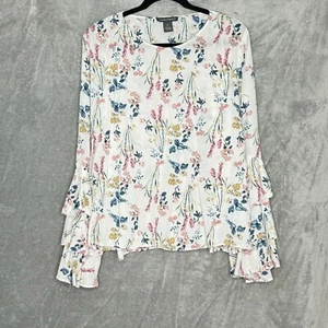 Chelsea & Theodore XL Top Shirt White Floral Flower Scoop Neck Bell Long Sleeve - Picture 1 of 7