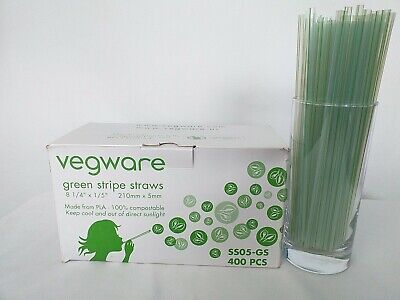 Vegware 400 X Green Stripe Straws 100% Compostable 210mm X 5mm Cocktail Straws • 9.99£