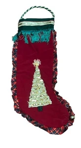 Vintage großer roter Samt Pailletten Weihnachtsbaum Strumpf Weihnachtsdeko Handarbeit - Bild 1 von 13