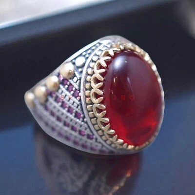 Ruby Oval Cut Gemstone With 925 Sterling Silver Ring For Men's #E358 - Image 1 of 4