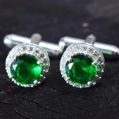 Men's Wedding Halo Cufflinks 14K White Gold Plated Round Lab Created Emerald Foto 1 de 4