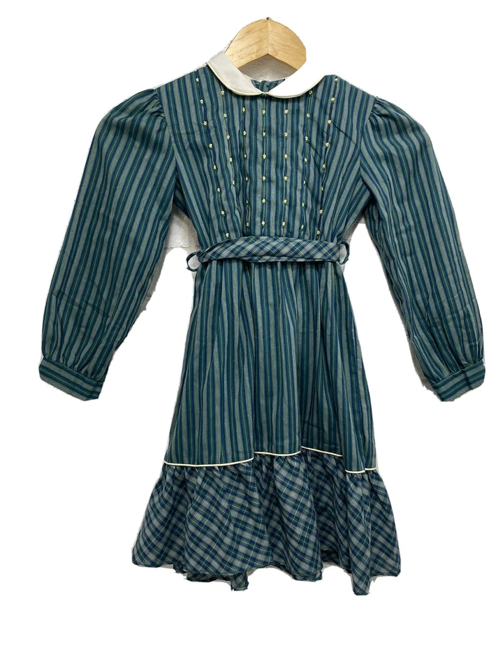 Vestido vintage Polly Flinders verde azulado a cuadros fiesta calado a mano 6X Foto 1 de 4