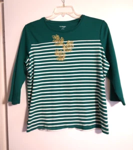Kim Rogers Women's T Shirt 1X green & stripes 3/4 Sleeve gold leaves 100% cotton - Picture 1 of 5