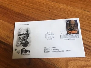 LA MOMIA BORIS KARLOFF MONSTRUOS UNIVERSALES PRIMER DÍA EMISIÓN SELLO CUBIERTA - Imagen 1 de 5