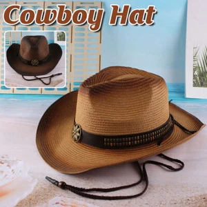 Outdoor Western Cowboy Hat Unisex Straw Hat Visor Hats Big Wide Brim Hat Summer - Picture 1 of 16