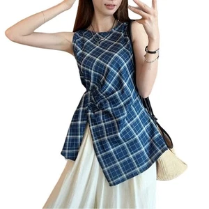 Casual Outing Blue Plaid Top Casual Summer Wear Lattice Pattern Polyester Fabric - Picture 1 of 36