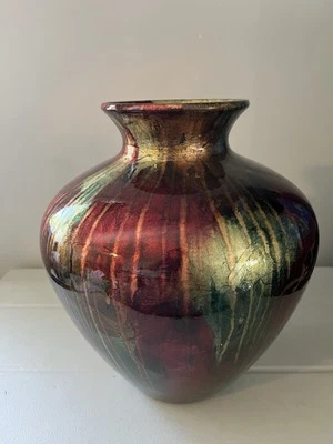 Pier 1 Importa Vaso Grande, Vermelho, Azul-petróleo, Bronze Dourado Metálico, Gotejamento... - Imagem 1 de 4