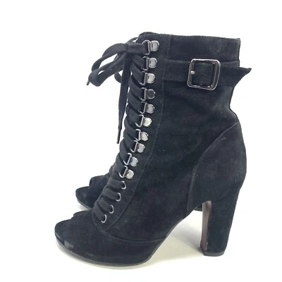 Sam Edelman BELMONT US 7.5 Black Suede Lace Up Peep Toe Midcalf Boot Heel - Image 1 of 4