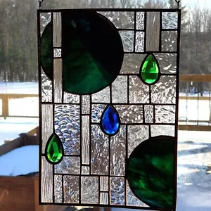 Stained Glass Window Suncatcher, Contemporary Geometric, Textured Clear, Jewels - Picture 1 of 9
