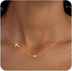 Cross Necklace for Women, Dainty 14K Gold Plated Cross Pendant Necklace Gold Cro - Picture 1 of 5