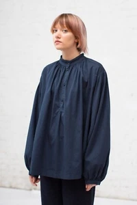 Black Crane Women's Navy Balloon Sleeve Half Button Cotton Blouse Top Size XS, S - Picture 1 of 6